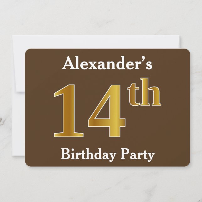 Brown, Faux Gold 14th Birthday Party; Custom Name Invitation (Front)