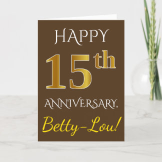 Brown, Faux Gold 15th Wedding Anniversary Name Card