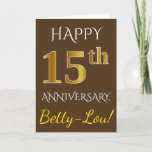 [ Thumbnail: Brown, Faux Gold 15th Wedding Anniversary + Name Card ]