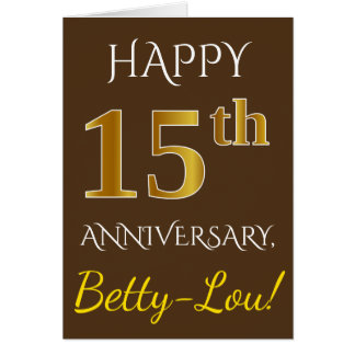 Brown, Faux Gold 15th Wedding Anniversary Name Card