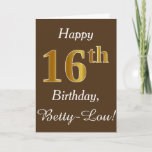 [ Thumbnail: Brown, Faux Gold 16th Birthday + Custom Name Card ]