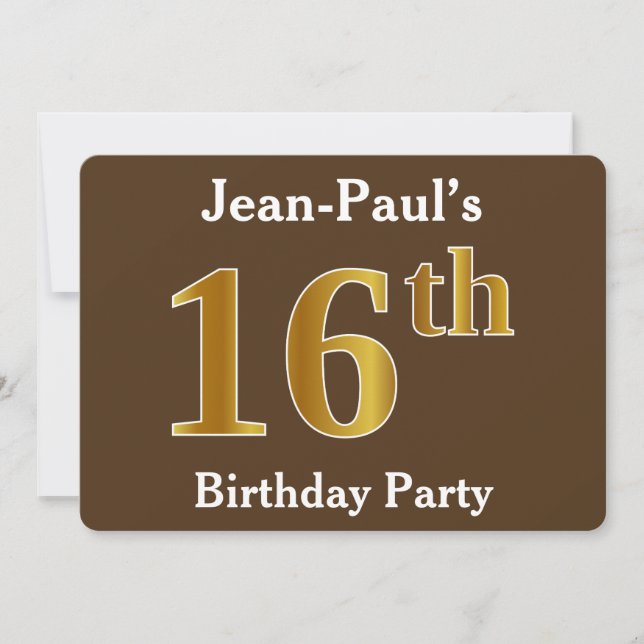 Brown, Faux Gold 16th Birthday Party; Custom Name Invitation (Front)