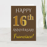 [ Thumbnail: Brown, Faux Gold 16th Wedding Anniversary + Name Card ]