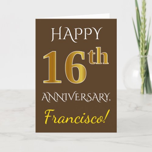 Brown Faux Gold 16th Wedding Anniversary  Name Card