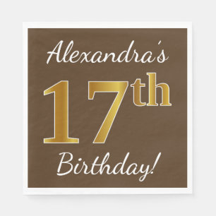 Brown, Faux Gold 17th Birthday + Custom Name Napkins