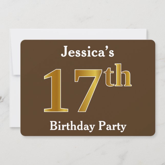 Brown, Faux Gold 17th Birthday Party; Custom Name Invitation (Front)