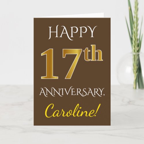 Brown Faux Gold 17th Wedding Anniversary  Name Card