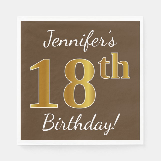 Brown, Faux Gold 18th Birthday + Custom Name Paper Napkins (Front)
