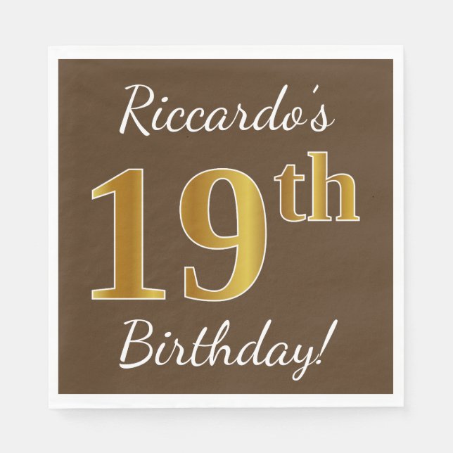 Brown, Faux Gold 19th Birthday + Custom Name Paper Napkins (Front)