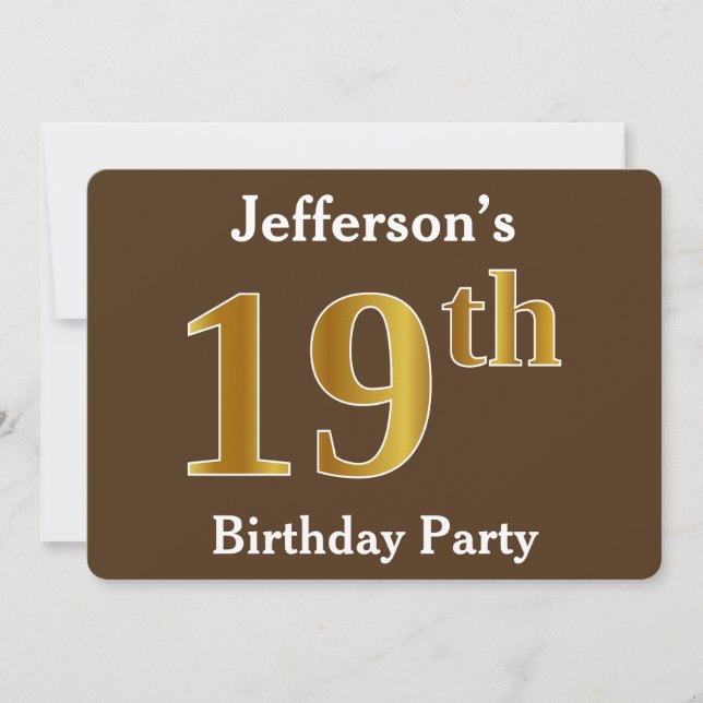 Brown, Faux Gold 19th Birthday Party; Custom Name Invitation (Front)