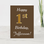 [ Thumbnail: Brown, Faux Gold 1st Birthday + Custom Name Card ]