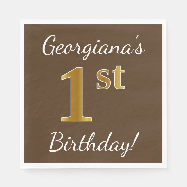 Brown, Faux Gold 1st Birthday + Custom Name Napkins (Front)