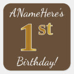 [ Thumbnail: Brown, Faux Gold 1st Birthday + Custom Name Sticker ]