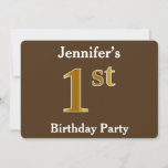 [ Thumbnail: Brown, Faux Gold 1st Birthday Party; Custom Name Invitation ]