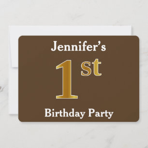 Brown, Faux Gold 1st Birthday Party; Custom Name Invitation