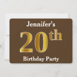[ Thumbnail: Brown, Faux Gold 20th Birthday Party; Custom Name Invitation ]
