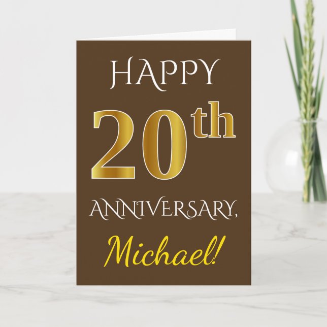 Brown, Faux Gold 20th Wedding Anniversary + Name Card (Front)