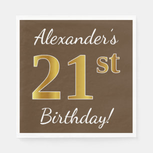 Brown, Faux Gold 21st Birthday + Custom Name Napkins