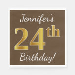 [ Thumbnail: Brown, Faux Gold 24th Birthday + Custom Name Napkin ]