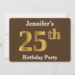 [ Thumbnail: Brown, Faux Gold 25th Birthday Party; Custom Name Invitation ]