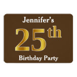 [ Thumbnail: Brown, Faux Gold 25th Birthday Party; Custom Name Invitation ]