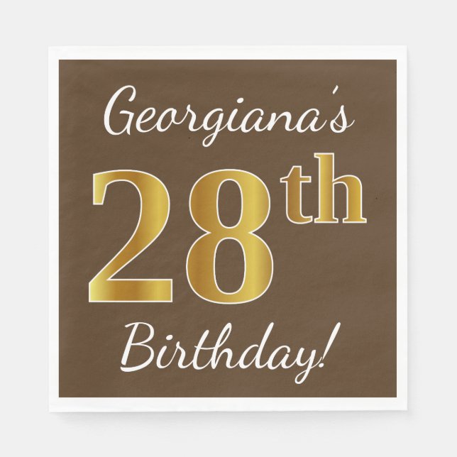 Brown, Faux Gold 28th Birthday + Custom Name Napkins (Front)