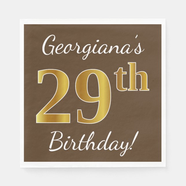 Brown, Faux Gold 29th Birthday + Custom Name Napkins (Front)