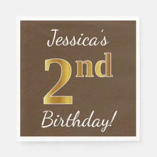 Brown, Faux Gold 2nd Birthday + Custom Name Paper Napkins