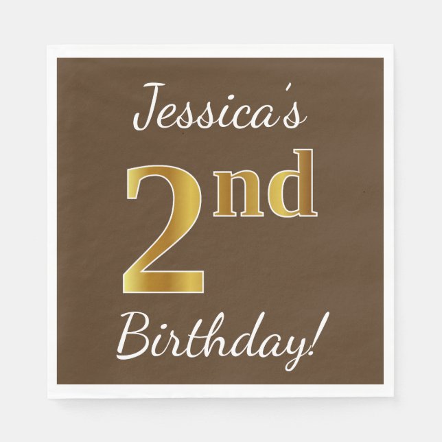 Brown, Faux Gold 2nd Birthday + Custom Name Paper Napkins (Front)
