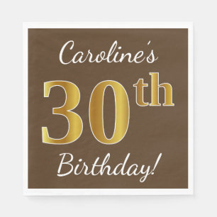 Brown, Faux Gold 30th Birthday + Custom Name Napkins