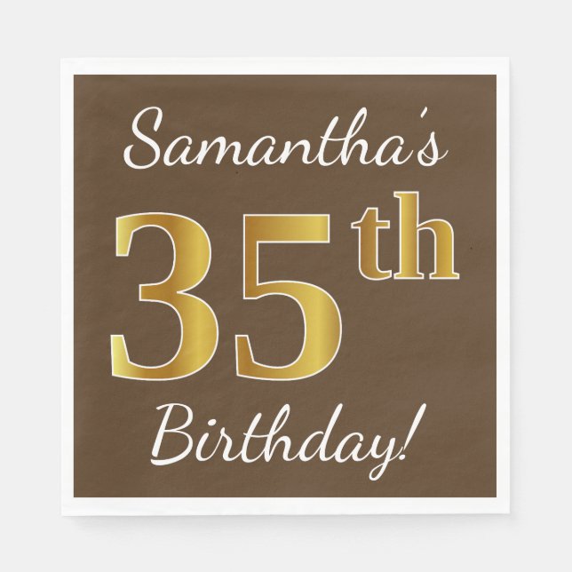 Brown, Faux Gold 35th Birthday + Custom Name Napkins (Front)