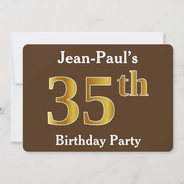Brown, Faux Gold 35th Birthday Party; Custom Name Invitation (Front)