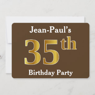 Brown, Faux Gold 35th Birthday Party; Custom Name Invitation
