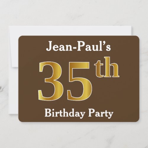 Brown Faux Gold 35th Birthday Party Custom Name Invitation