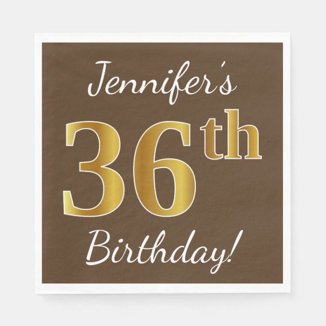 Brown, Faux Gold 36th Birthday + Custom Name Napkins (Front)