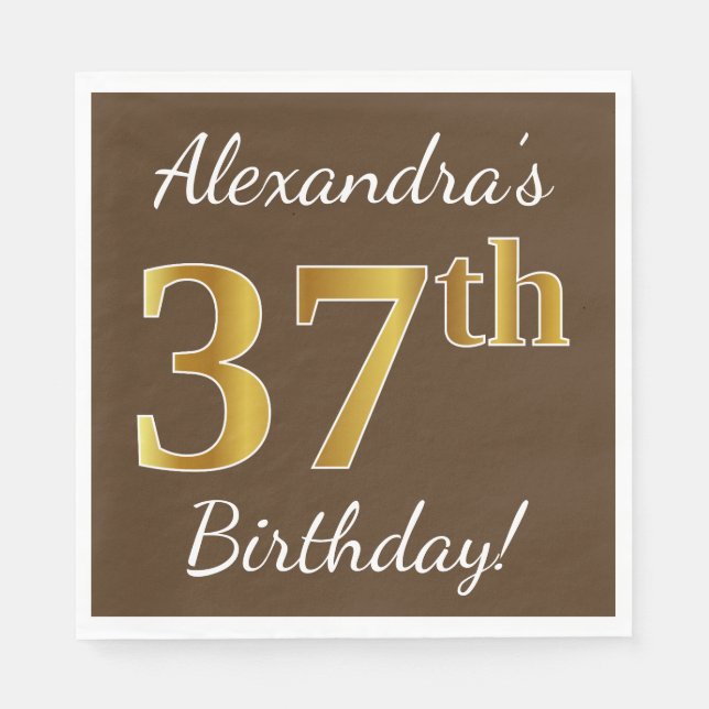Brown, Faux Gold 37th Birthday + Custom Name Napkins (Front)