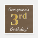 [ Thumbnail: Brown, Faux Gold 3rd Birthday + Custom Name Napkins ]