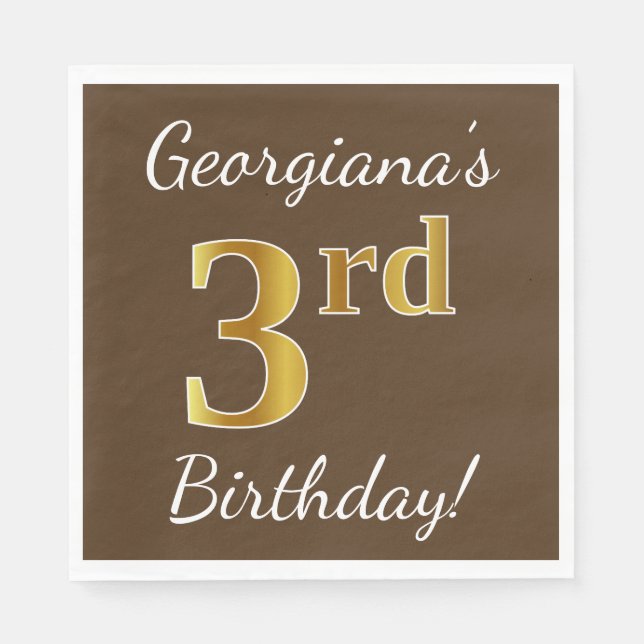 Brown, Faux Gold 3rd Birthday + Custom Name Paper Napkins (Front)