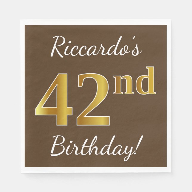 Brown, Faux Gold 42nd Birthday + Custom Name Napkins (Front)