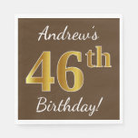 [ Thumbnail: Brown, Faux Gold 46th Birthday + Custom Name Napkins ]