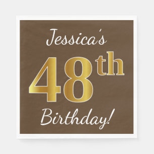 Brown, Faux Gold 48th Birthday + Custom Name Napkins