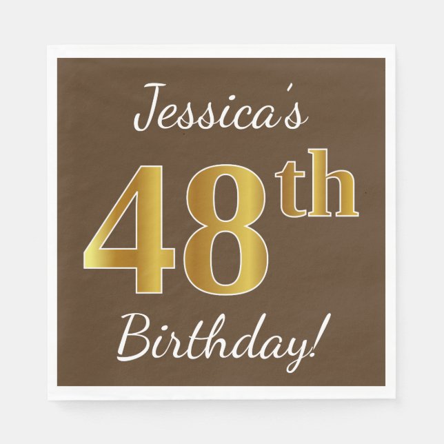 Brown, Faux Gold 48th Birthday + Custom Name Napkins (Front)