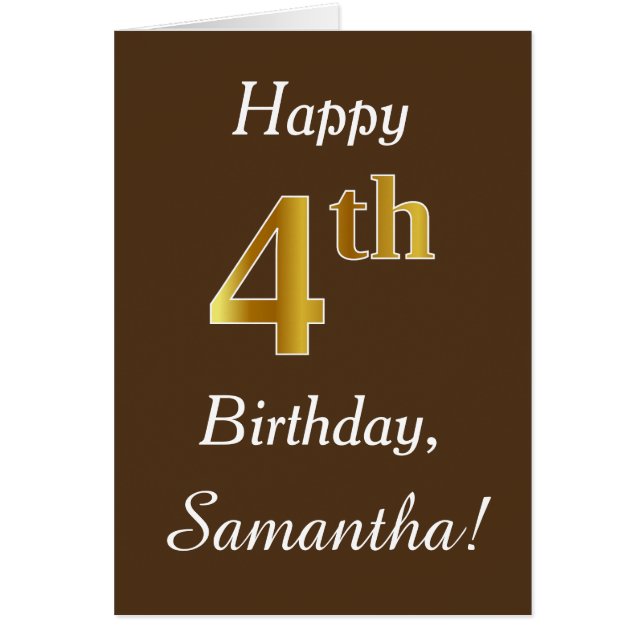 Brown, Faux Gold 4th Birthday + Custom Name Cards (Front)