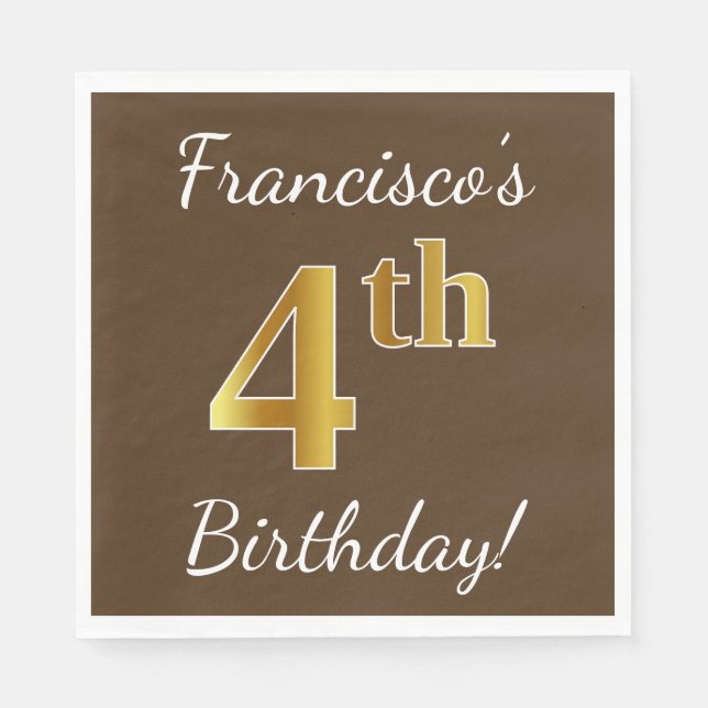 Brown, Faux Gold 4th Birthday + Custom Name Napkins (Front)