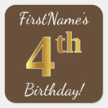 [ Thumbnail: Brown, Faux Gold 4th Birthday + Custom Name Sticker ]