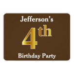 [ Thumbnail: Brown, Faux Gold 4th Birthday Party; Custom Name Invitation ]