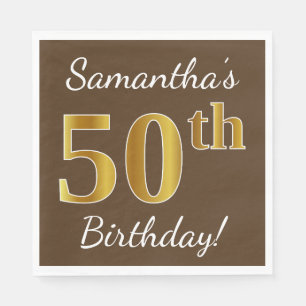 Brown, Faux Gold 50th Birthday + Custom Name Napkins