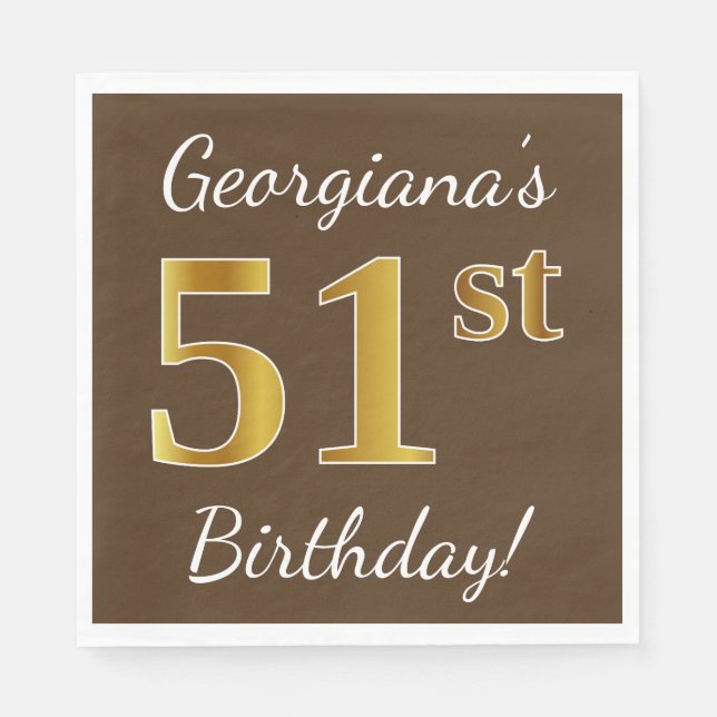 Brown, Faux Gold 51st Birthday + Custom Name Napkins (Front)