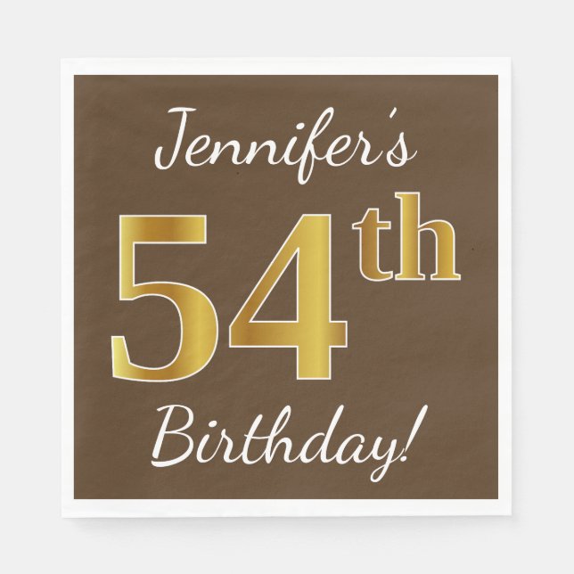 Brown, Faux Gold 54th Birthday + Custom Name Napkins (Front)