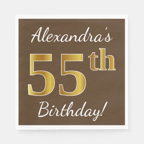 Brown Faux Gold 55th Birthday  Custom Name Paper Napkins